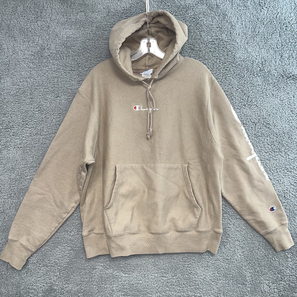 Champion Sweater Men's Size M Tan Reverse Weave Hoodie Sleeve Script Logo *Flaw*
